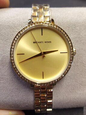 Michael Kors Gold-Tone Watch With Crystal Accent Bezel & Box 1112